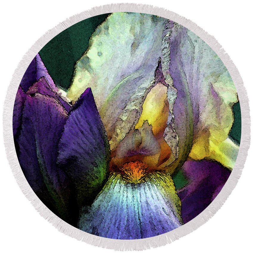 Watercolor Round Beach Towel featuring the photograph Watercolor Cream and Purple Bearded Iris With Bud 0065 W_2 by Steven Ward