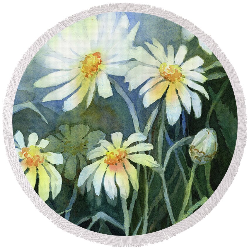Daisies Round Beach Towel featuring the painting Daisies Flowers by Olga Shvartsur