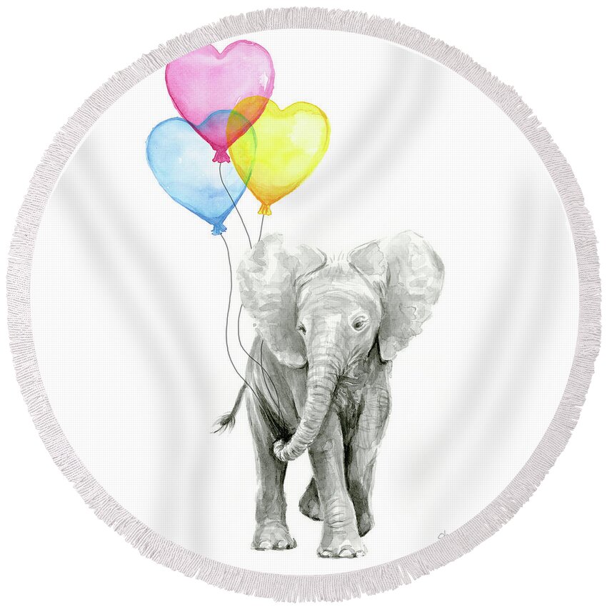 Elephant Round Beach Towel featuring the painting Watercolor Elephant with Heart Shaped Balloons by Olga Shvartsur