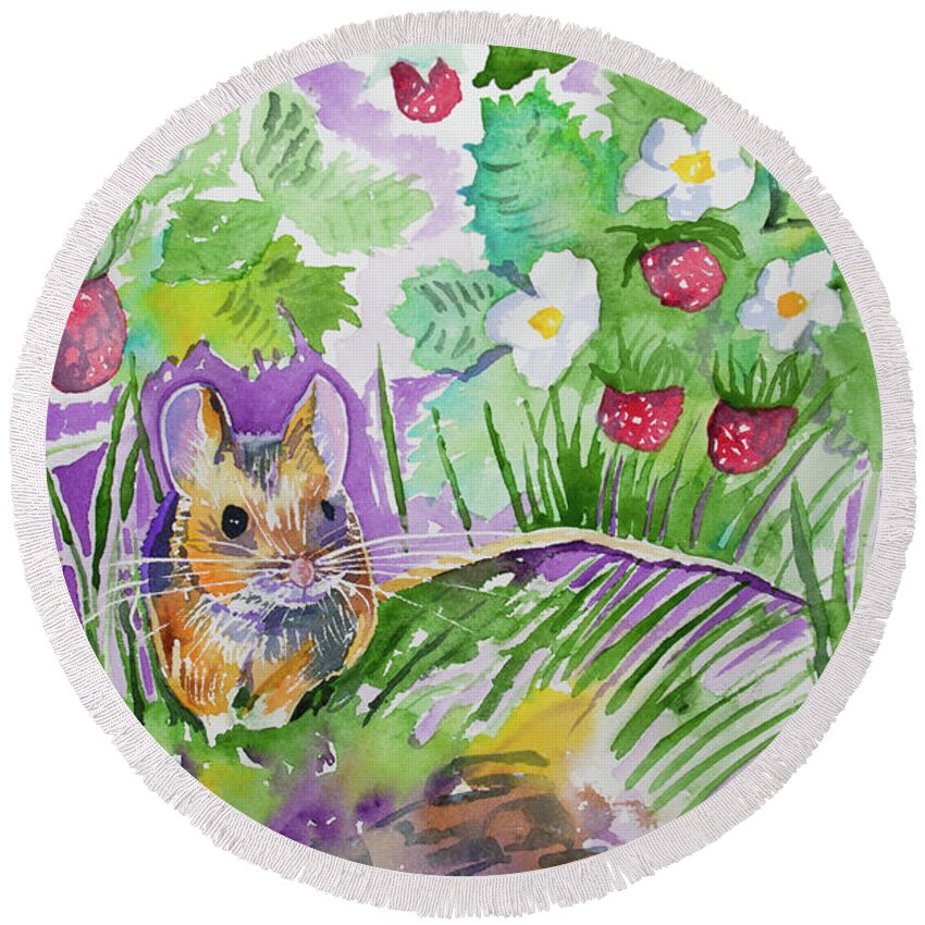 Field Mouse Round Beach Towel featuring the painting Watercolor - Field Mouse with Wild Strawberries by Cascade Colors