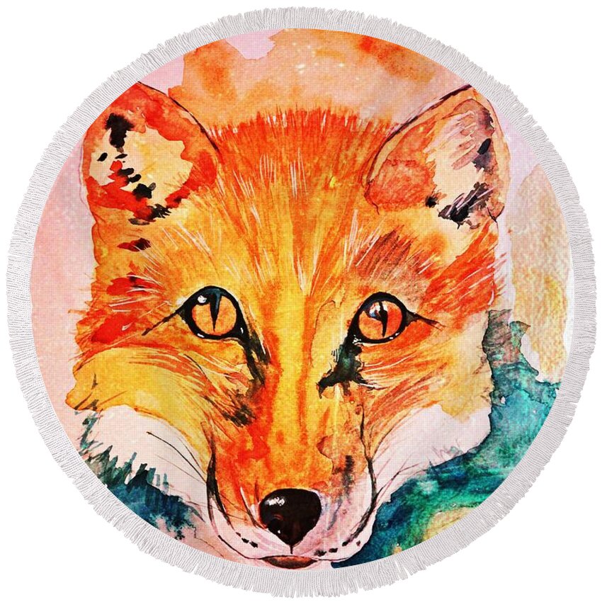 Watercolor Fox Round Beach Towel featuring the painting Watercolor Fox by Modern Art