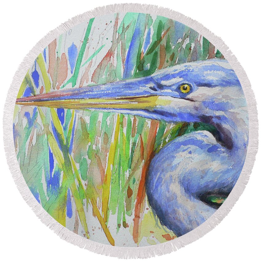 Watercolor Round Beach Towel featuring the painting Watercolor Heron Bird #1745 by Hongtao Huang