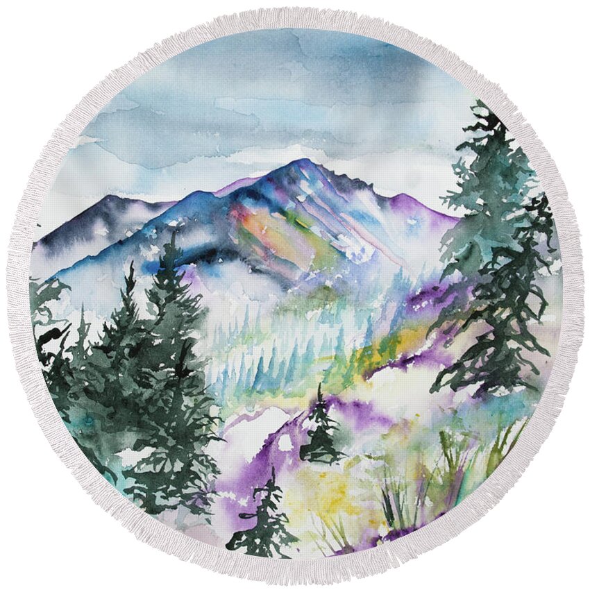 Long's Peak Round Beach Towel featuring the painting Watercolor - Long's Peak Summer Landscape by Cascade Colors