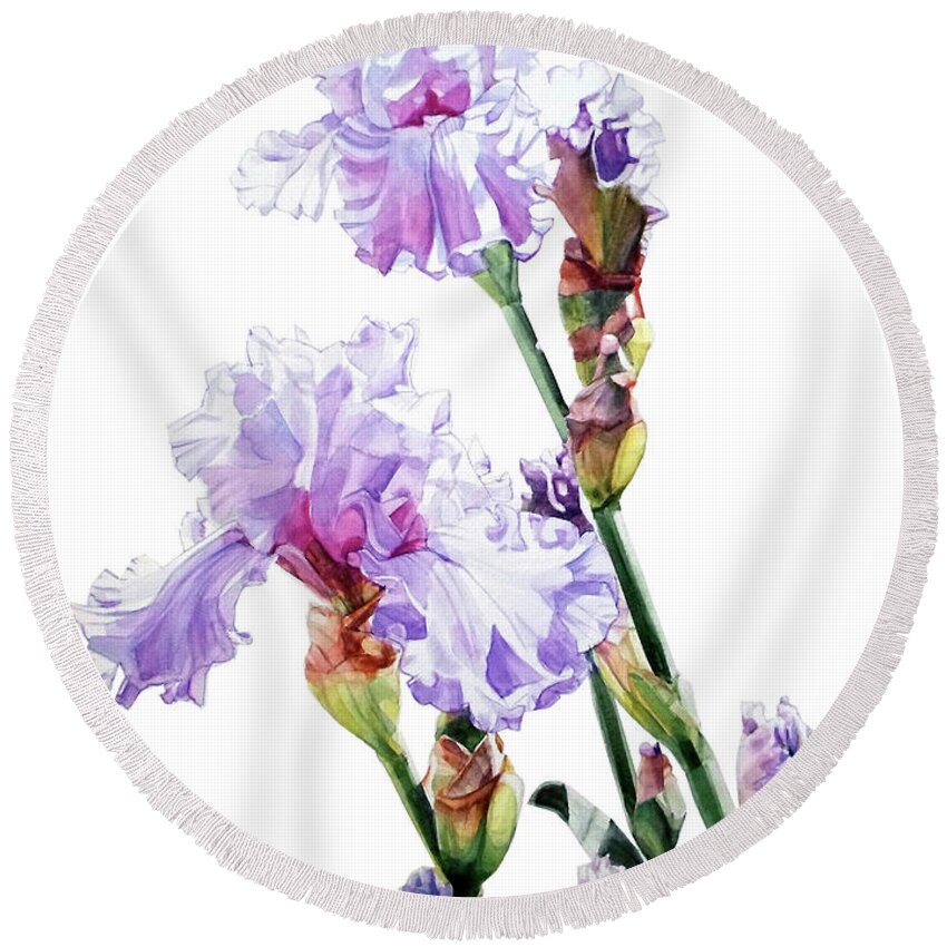 Watercolor Round Beach Towel featuring the painting Watercolor of a Tall Bearded Iris I call Lilac Iris Wendi by Greta Corens