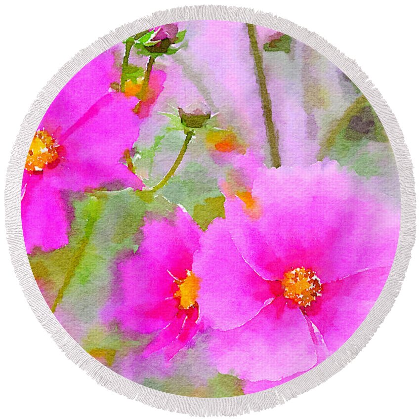 Watercolor Floral Round Beach Towel featuring the painting Watercolor Pink Cosmos by Bonnie Bruno