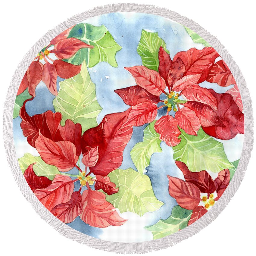 Poinsettia Round Beach Towel featuring the painting Watercolor Poinsettias Christmas Decor by Audrey Jeanne Roberts
