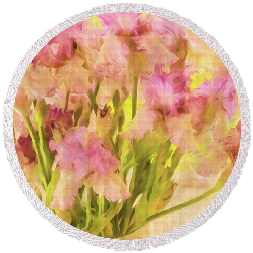Watercolor Print Round Beach Towel featuring the painting Watercolor Pot of Irises by Bonnie Bruno
