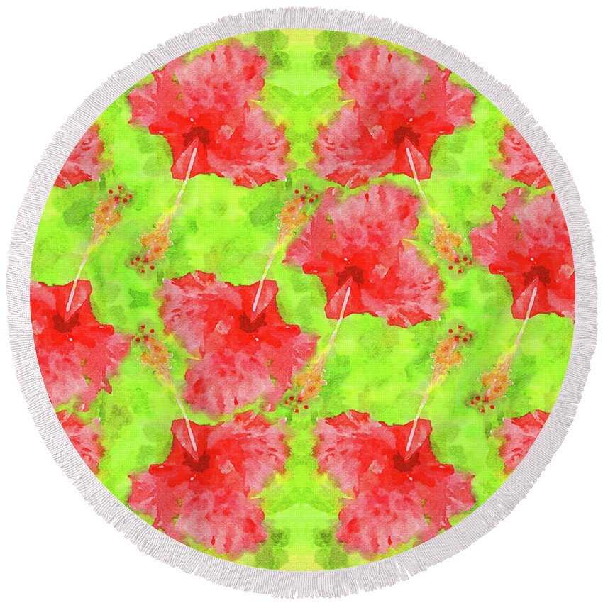 Hibiscus Round Beach Towel featuring the digital art Watercolor Red Hibiscus Tropical Aloha Botanical by Beverly Claire Kaiya