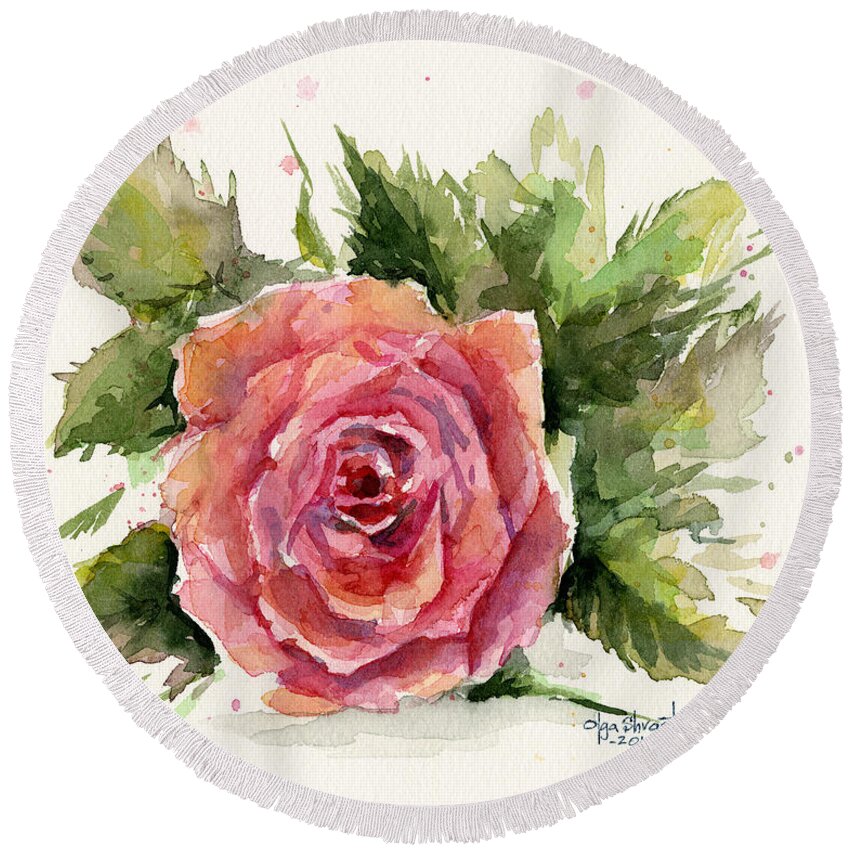 Rose Round Beach Towel featuring the painting Watercolor Rose by Olga Shvartsur