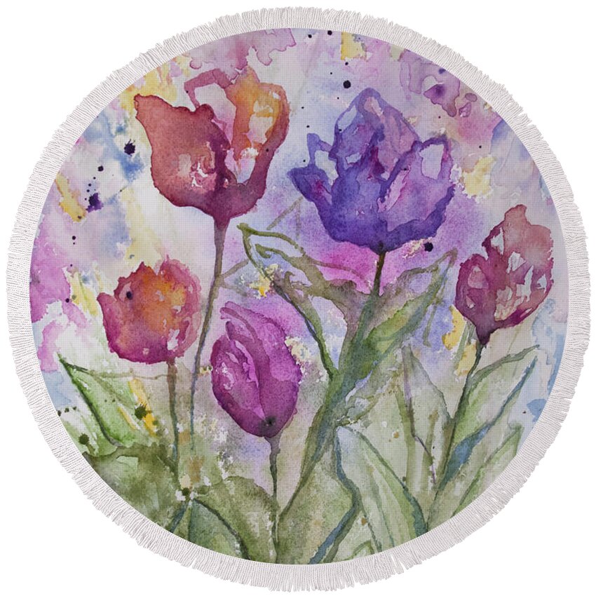 Flower Round Beach Towel featuring the painting Watercolor - Spring Flowers by Cascade Colors