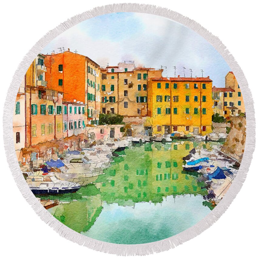 Italy Round Beach Towel featuring the digital art Watercolor Style by Ariadna De Raadt