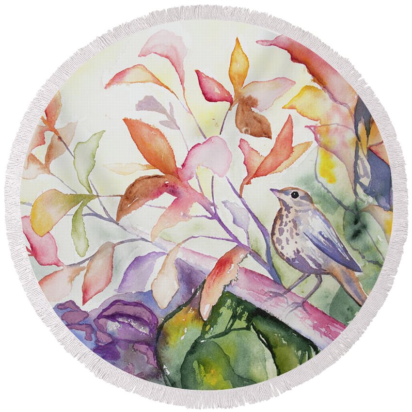Thrush Round Beach Towel featuring the painting Watercolor - Thrush with Autumn Leaves by Cascade Colors