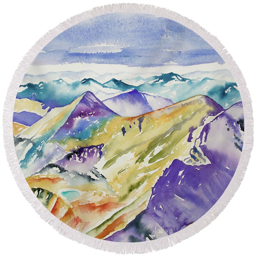 Belford Peak Round Beach Towel featuring the painting Watercolor - View from Belford Peak by Cascade Colors