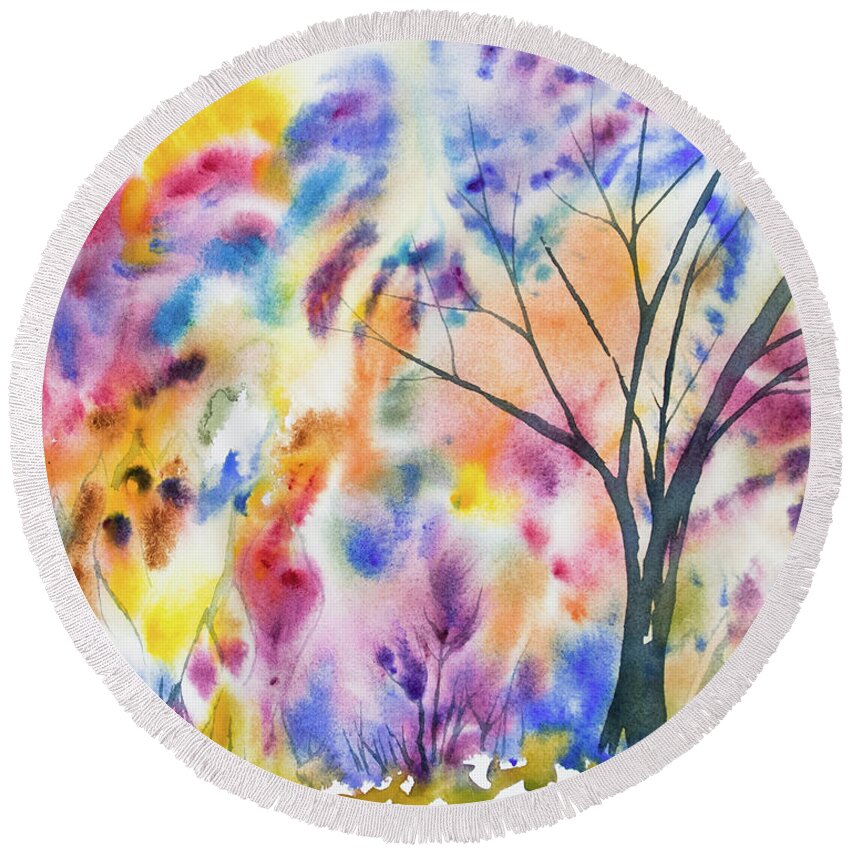 Tree Round Beach Towel featuring the painting Watercolor - Whimsical Tree by Cascade Colors