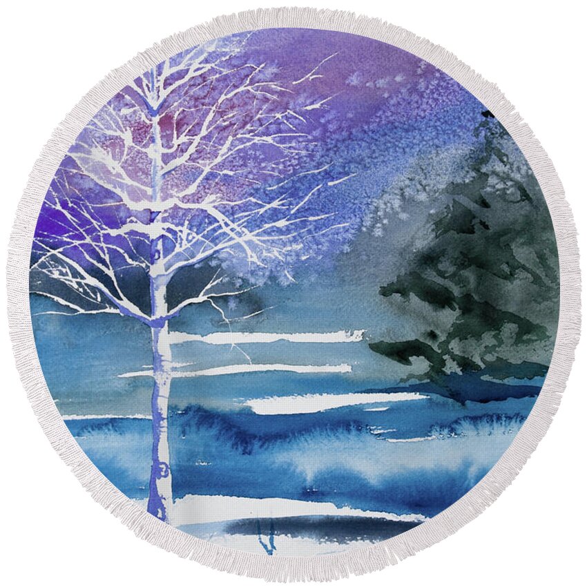 Aspen Round Beach Towel featuring the painting Watercolor - Winter Aspen by Cascade Colors