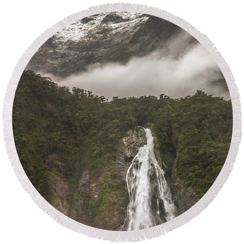 Milford Sound Round Beach Towel featuring the photograph Waterfall at Milford Sound by Racheal Christian