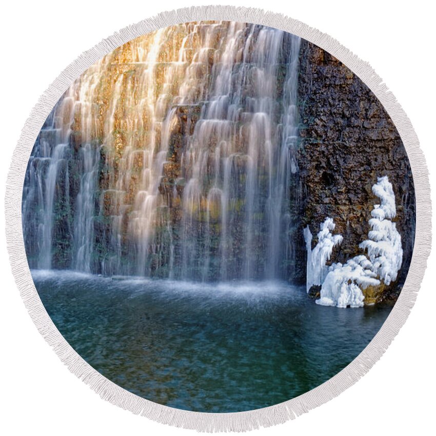 Waterfall Round Beach Towel featuring the photograph Waterfall in winter by Peter Ponzio