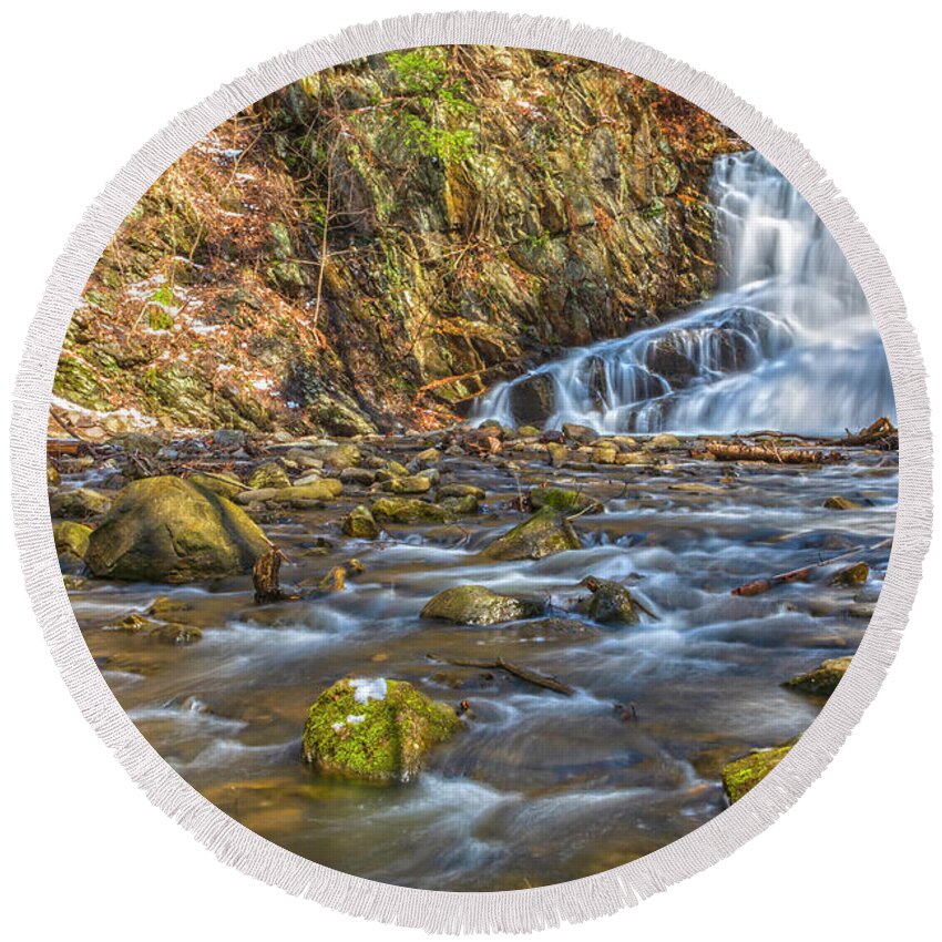 Indian Brook Falls Round Beach Towel featuring the photograph Waterfall Of April Snow by Angelo Marcialis