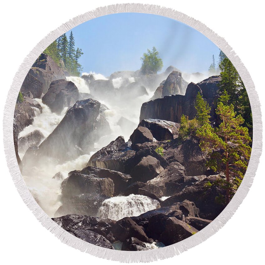 Waterfall Round Beach Towel featuring the photograph Waterfall Uchar. Altai. Russia by Victor Kovchin