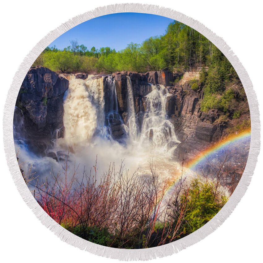 Atmosphere Round Beach Towel featuring the photograph Waterfalls and Rainbows by Rikk Flohr