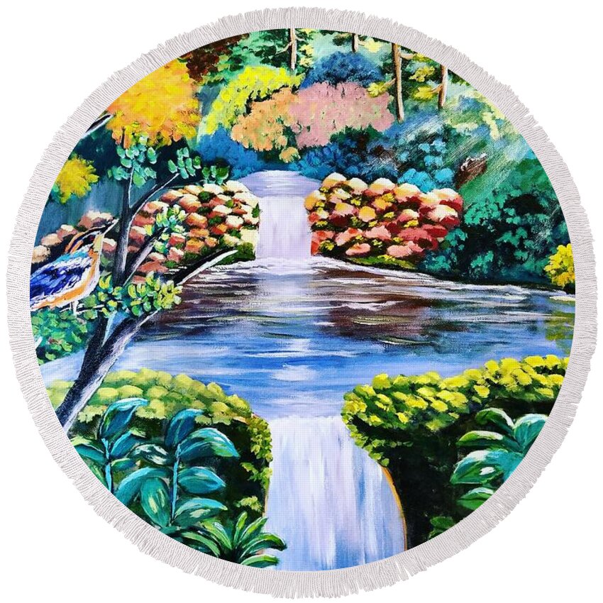 Waterfalls Round Beach Towel featuring the painting Waterfalls by Rona Playda