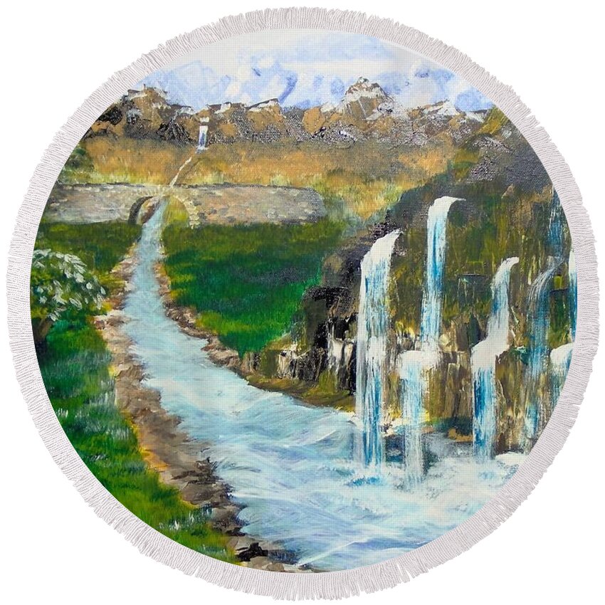 Waterfalls Round Beach Towel featuring the painting Waterfalls by Saundra Johnson