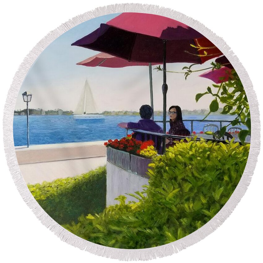 San Diego Round Beach Towel featuring the painting Waterfront Cafe by Karyn Robinson
