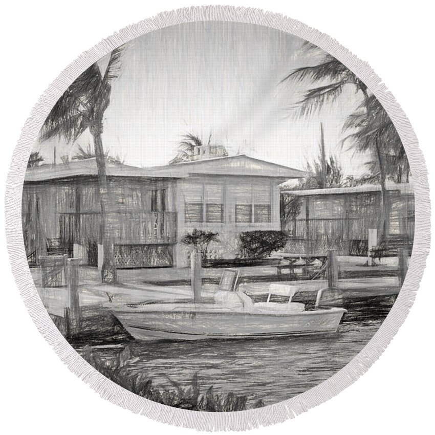 Parmer's Round Beach Towel featuring the photograph Waterfront Cottages at Parmer's Resort in Keys by Ginger Wakem