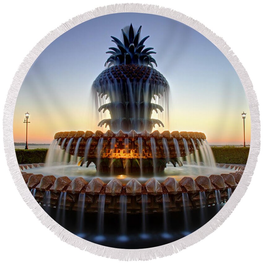Charleston Round Beach Towel featuring the photograph Waterfront Park Pineapple fountain in Charleston SC by Pierre Leclerc Photography