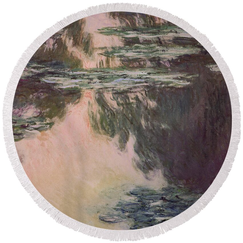 Monet Round Beach Towel featuring the painting Waterlilies with Weeping Willows by Claude Monet