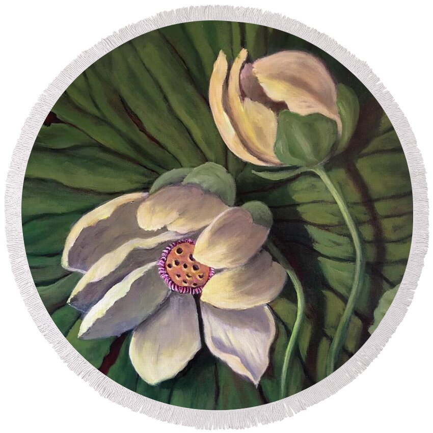 Waterlily Round Beach Towel featuring the painting Waterlily Like a Clock by Rand Burns