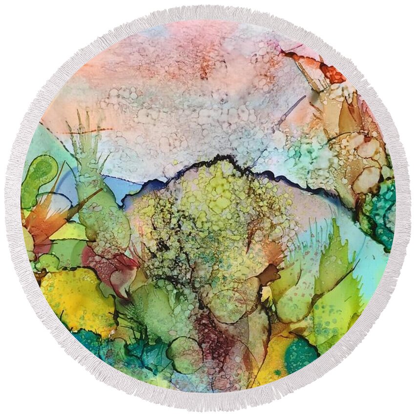 Abstract Landscape Round Beach Towel featuring the painting Watery World by Nancy Koehler