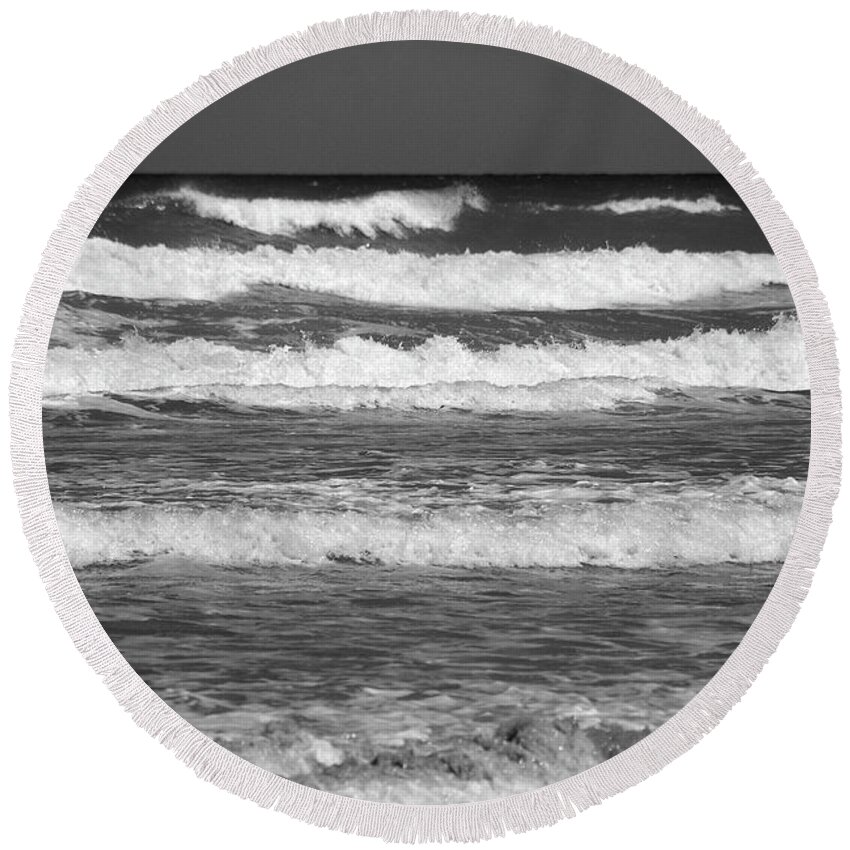 Waves Round Beach Towel featuring the photograph Waves 3 in BW by Susanne Van Hulst