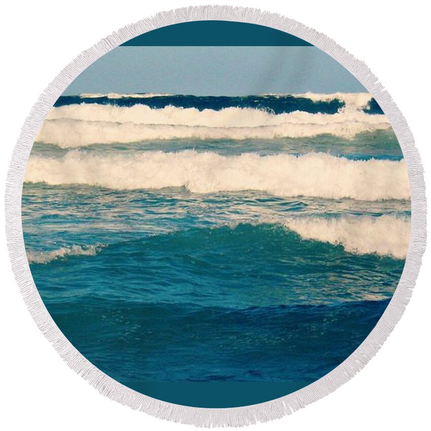 Waves Round Beach Towel featuring the photograph Waves In Blue by Leanne Seymour