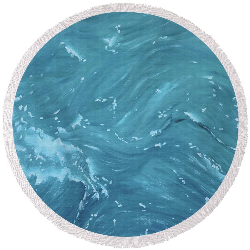 Waves Round Beach Towel featuring the painting Waves - Light Blue by Neslihan Ergul Colley