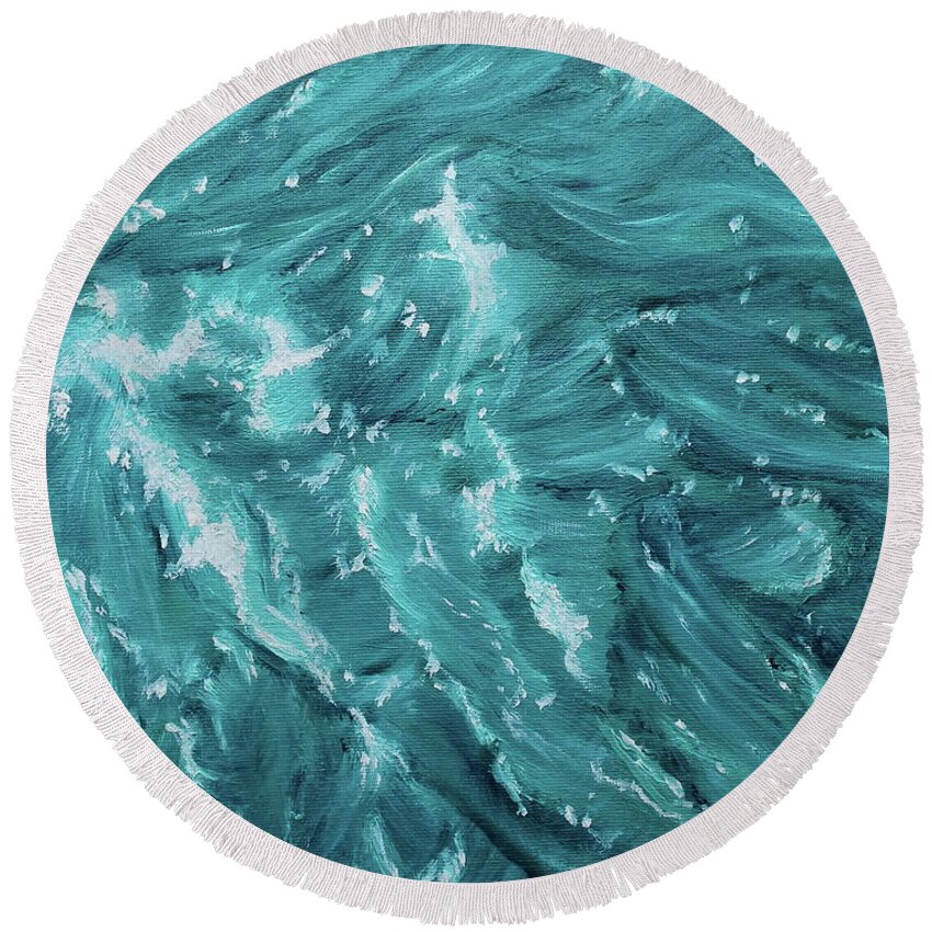 Waves Round Beach Towel featuring the painting Waves - Light Turquoise by Neslihan Ergul Colley