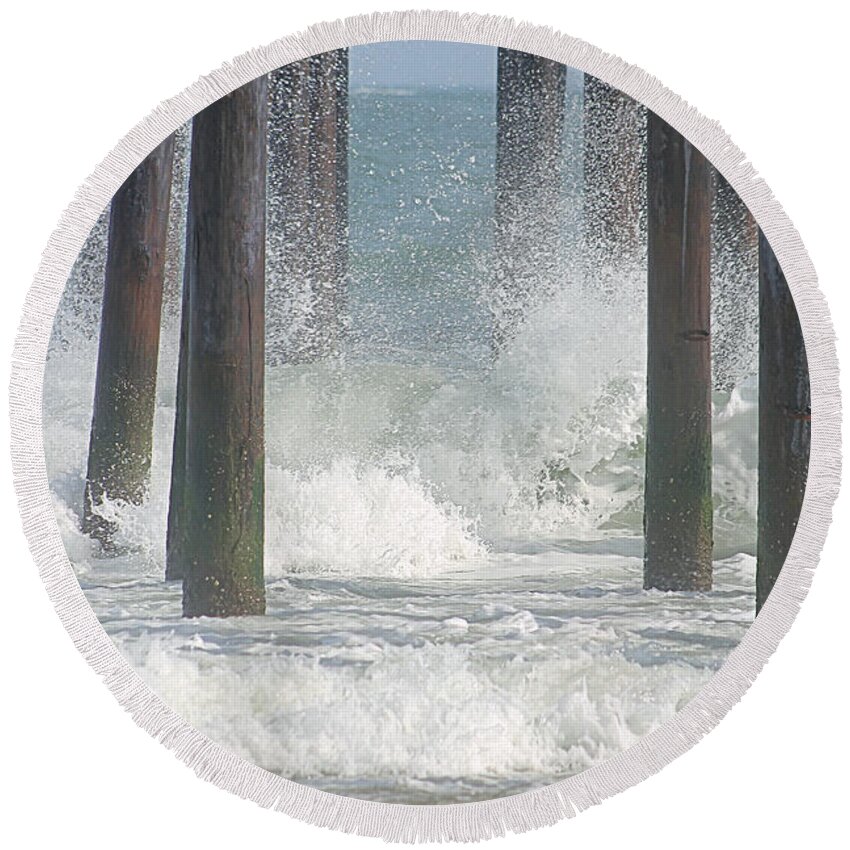 Pier Round Beach Towel featuring the photograph Waves Under The Pier by Robert Banach