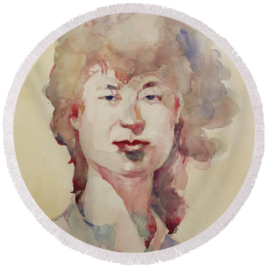 Watercolor Round Beach Towel featuring the painting WC Portrait 1626 My Sister Eunja by Becky Kim