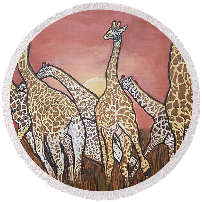 Giraffes Round Beach Towel featuring the painting We Jammin Still by Rachel Natalie Rawlins