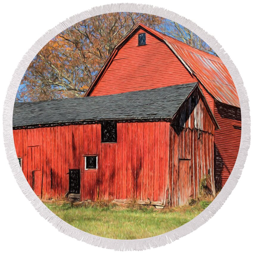 Barn Round Beach Towel featuring the painting Weathered Red Barn by David Letts