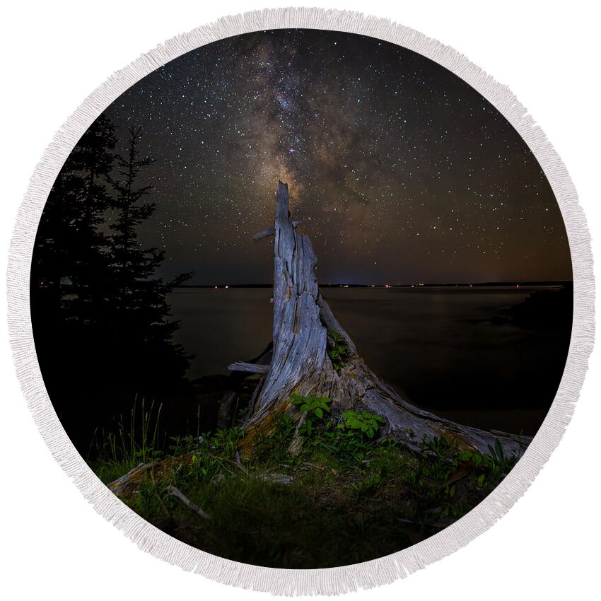 Night Round Beach Towel featuring the photograph Weathered Stump under the stars by Brent L Ander
