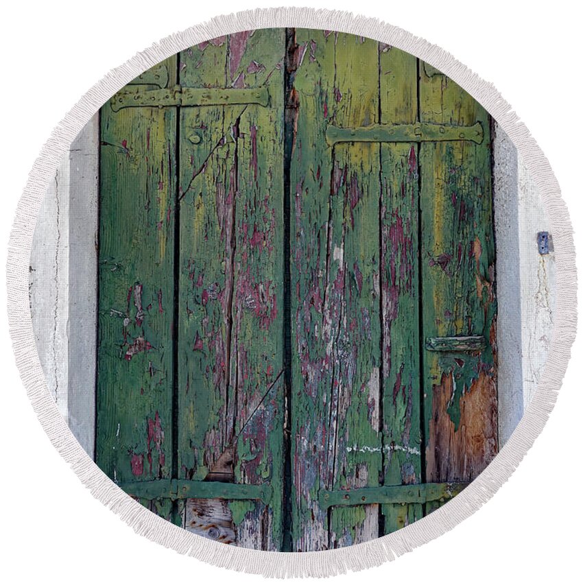Window Shutter Round Beach Towel featuring the photograph Weathered Window Shutters With Rusted Hardware In Venice, Italy by Rick Rosenshein