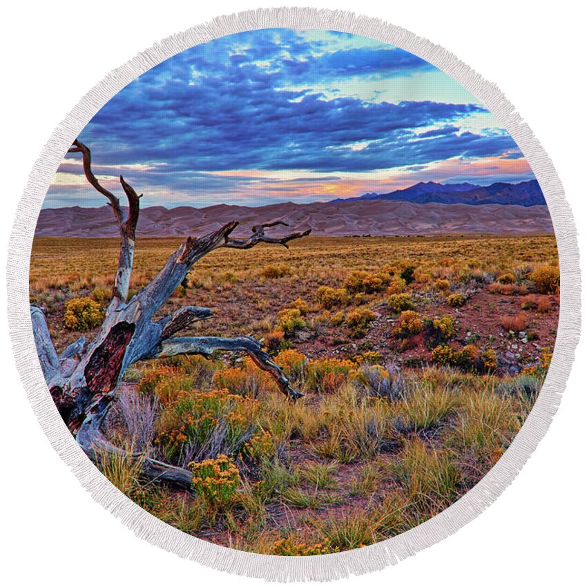 Colorado Round Beach Towel featuring the photograph Weathered Wood and Dunes - Great Sand Dunes - Colorado by Jason Politte