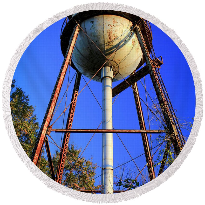 Reid Callaway Water Tower Art Round Beach Towel featuring the photograph Weighty Water Cotton Mill Water Tower Art by Reid Callaway