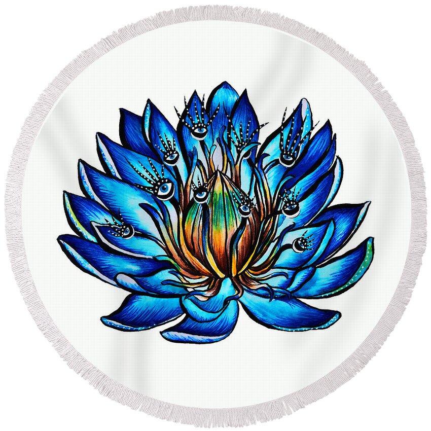 Nature Round Beach Towel featuring the drawing Weird Multi Eyed Blue Water Lily Flower by Boriana Giormova