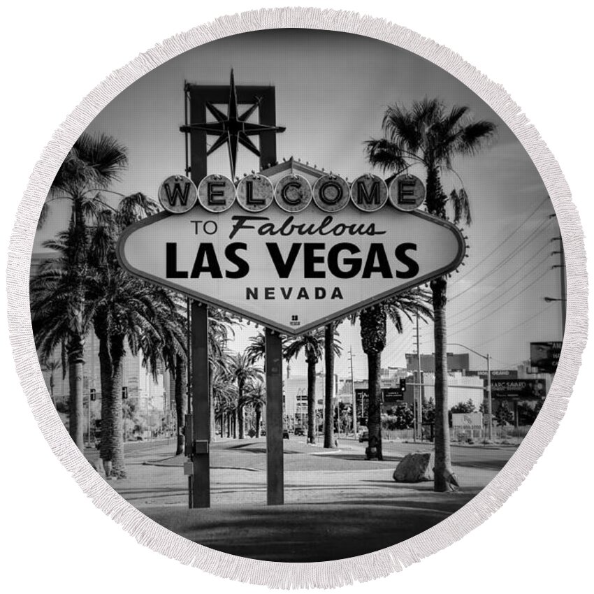 Las Round Beach Towel featuring the photograph Welcome To Las Vegas Series Holga Black and White by Ricky Barnard