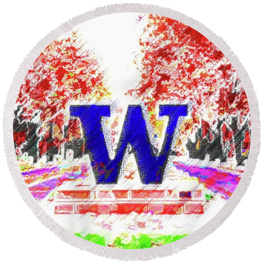 University Of Washington Round Beach Towel featuring the mixed media Welcome to Washington by DJ Fessenden
