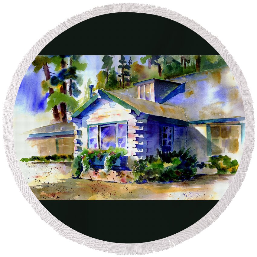 Monte Vista Inn Round Beach Towel featuring the painting Welcome Window by Joan Chlarson