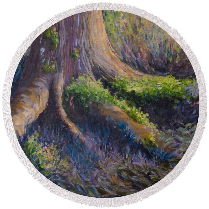 Forest Floor Round Beach Towel featuring the painting Well Grounded by Jo Smoley