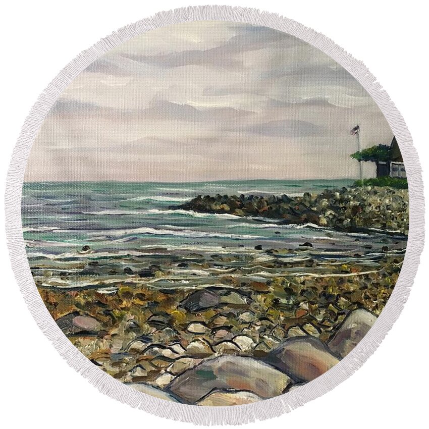 Maine Round Beach Towel featuring the painting Wells, Maine Coastline by Richard Nowak